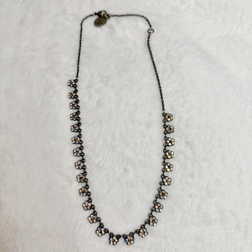 Vintage Michal Negrin Necklace Brass Rhinestones Floral Flower Design